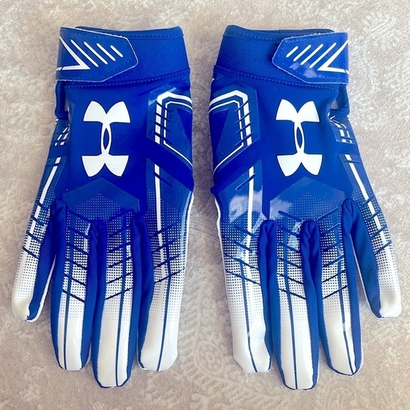 NWOT Under Armour F6 Football Gloves Receiver Blue & White Heatgear Tack Palm - Picture 1 of 12